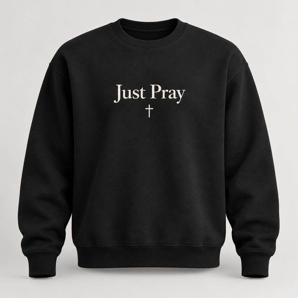 Favor Union Just Pray Crewneck in Black with light Just Pray lettering and a small cross centered beneath