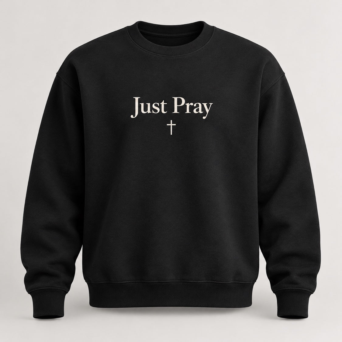 Favor Union Just Pray Crewneck in Black with light Just Pray lettering and a small cross centered beneath
