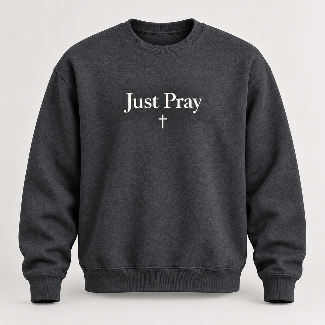 Favor Union Just Pray Crewneck in Dark Heather Gray with light Just Pray lettering and a small cross centered beneath